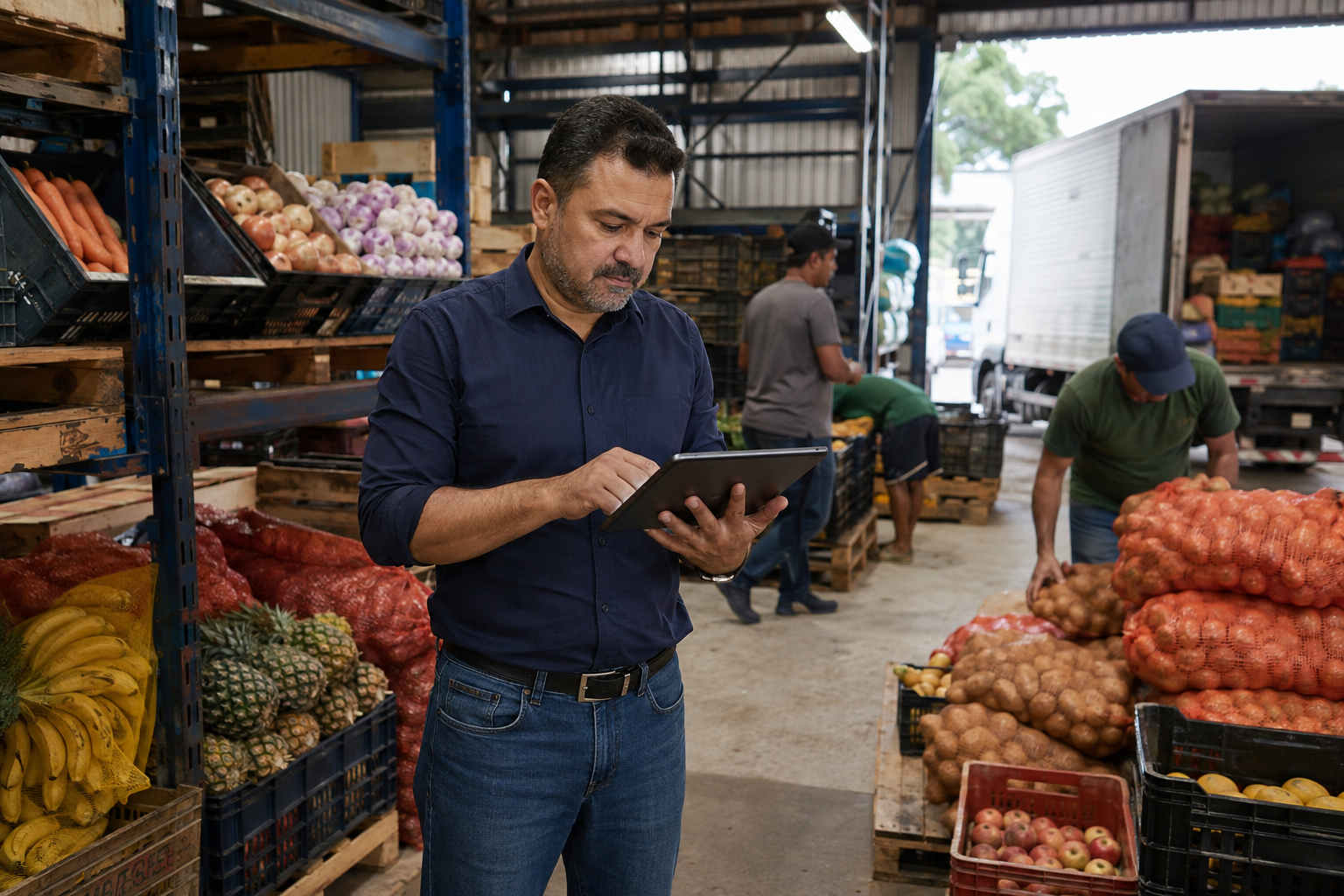 Manager monitoring a wholesale produce operation